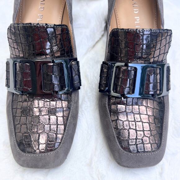 Donald Pliner Caresse Old Money Career Block Heel Metallic Leather Suede Loafers - Picture 3 of 7